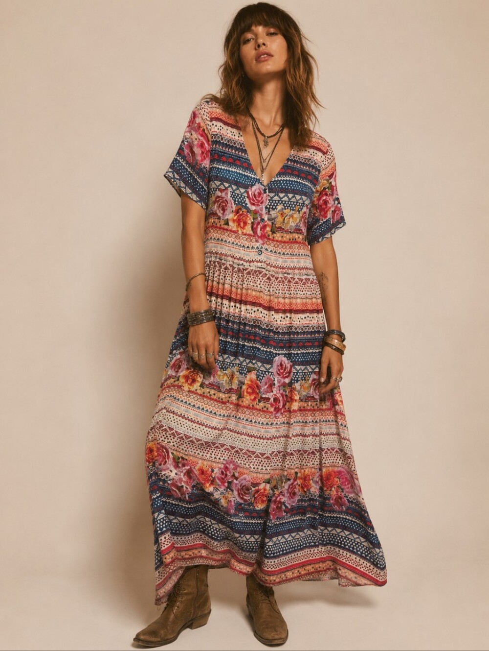 Vintage Papa Vancouver Floral Maxi Dress Size  L Boho V Neck Short Sleeve